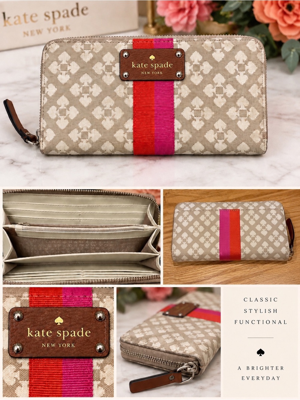kate spade Signature Zip Wallet with Pink and Red Center Stripe